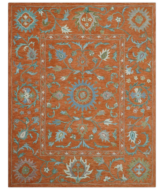Custom Made Oriental Uzbek Design Floral Rust Hand Tufted Wool Area Rug