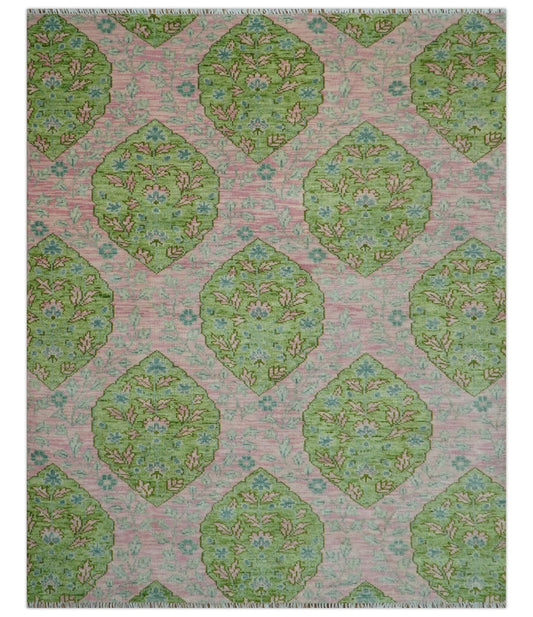 Custom Made Pink And Green Traditional Floral Motifs Design Hand Knotted wool area rug