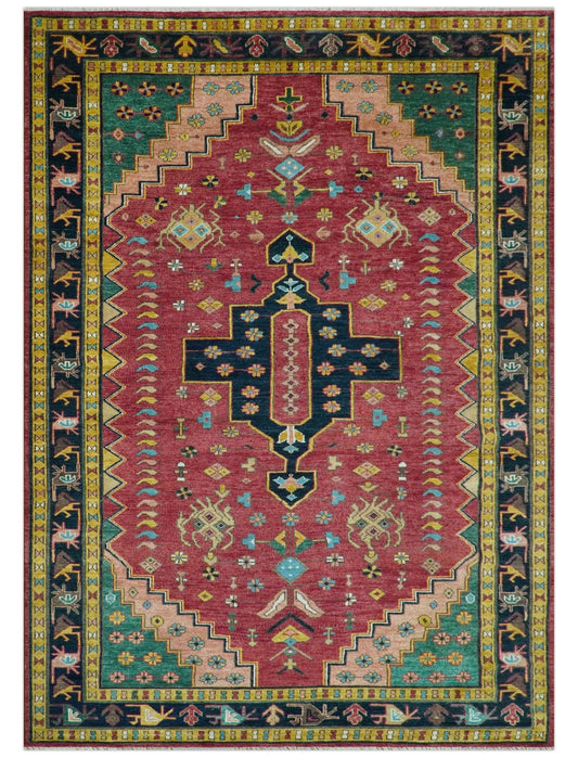 Custom Made Red And Green Traditional Heriz Design Hand Knotted Wool Rug