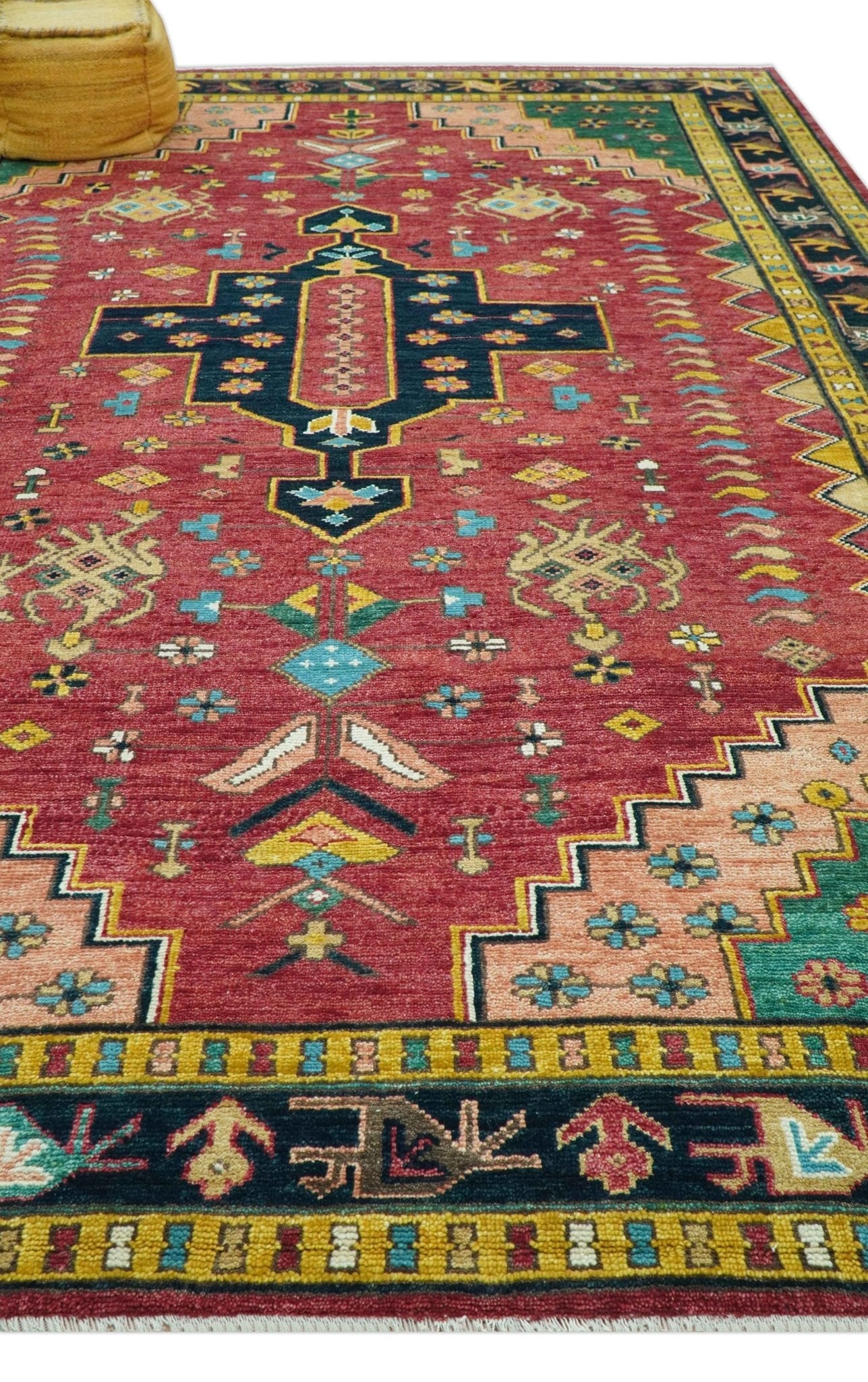 Custom Made Red And Green Traditional Heriz Design Hand Knotted Wool Rug