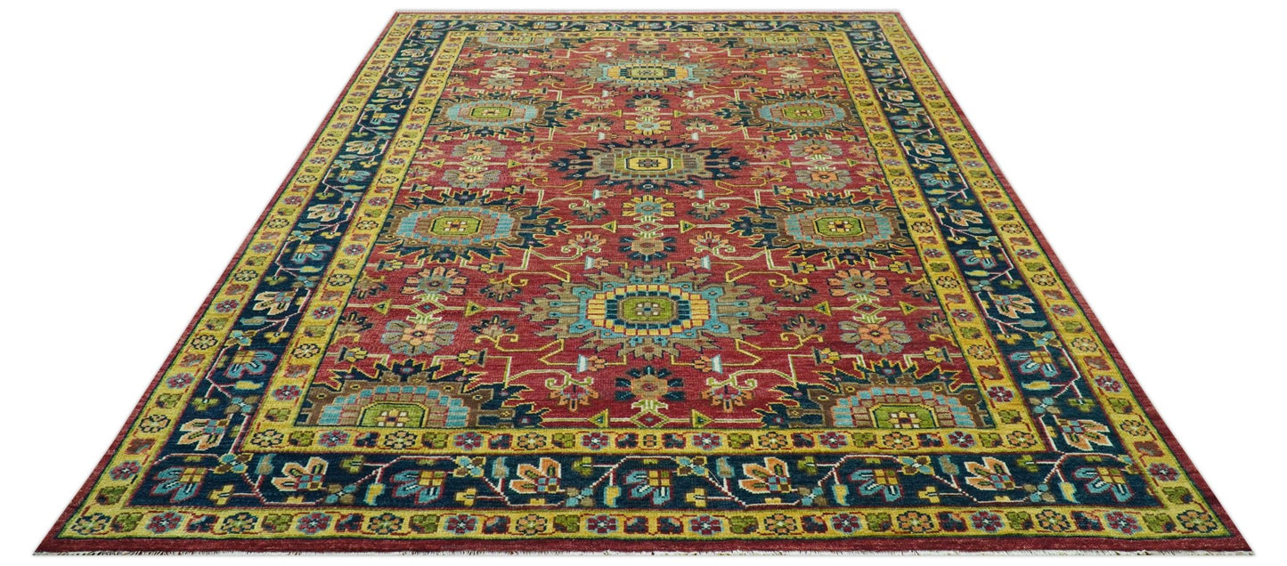 Custom Made Red And Mustard Traditional Floral Design Hand Knotted Wool Rug
