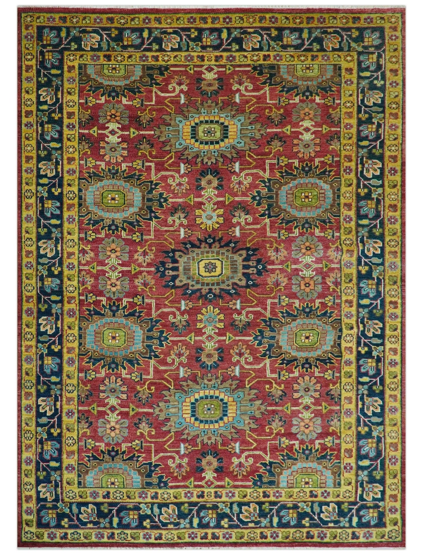 Custom Made Red And Mustard Traditional Floral Design Hand Knotted Wool Rug