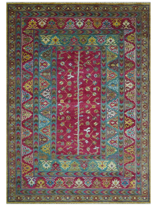 Custom Made Red And Olive Traditional Floral Design Hand Knotted Wool Rug