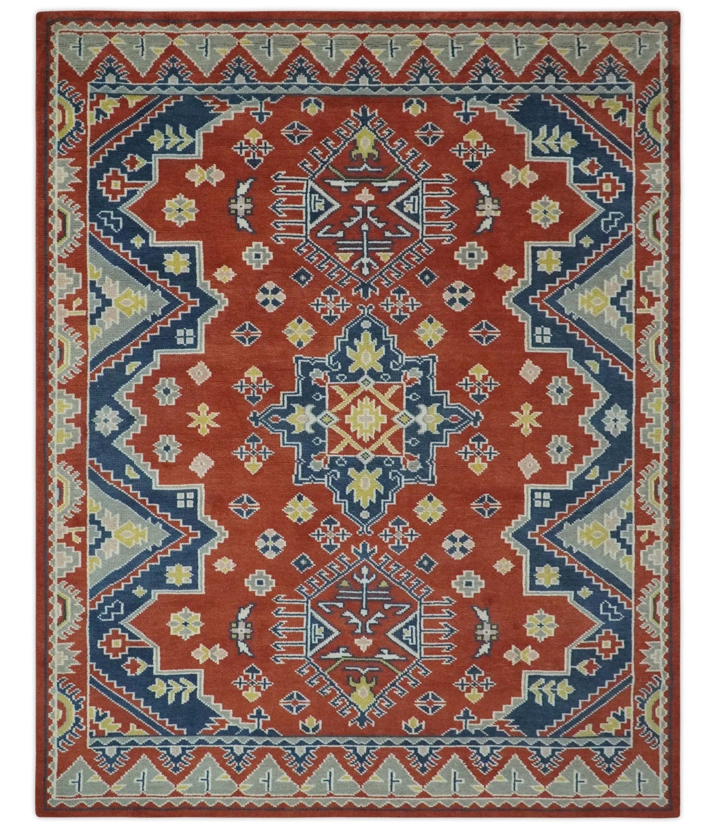 Custom Made Red, Blue, Gray and Mustard Traditional Hand knotted wool Area Rug