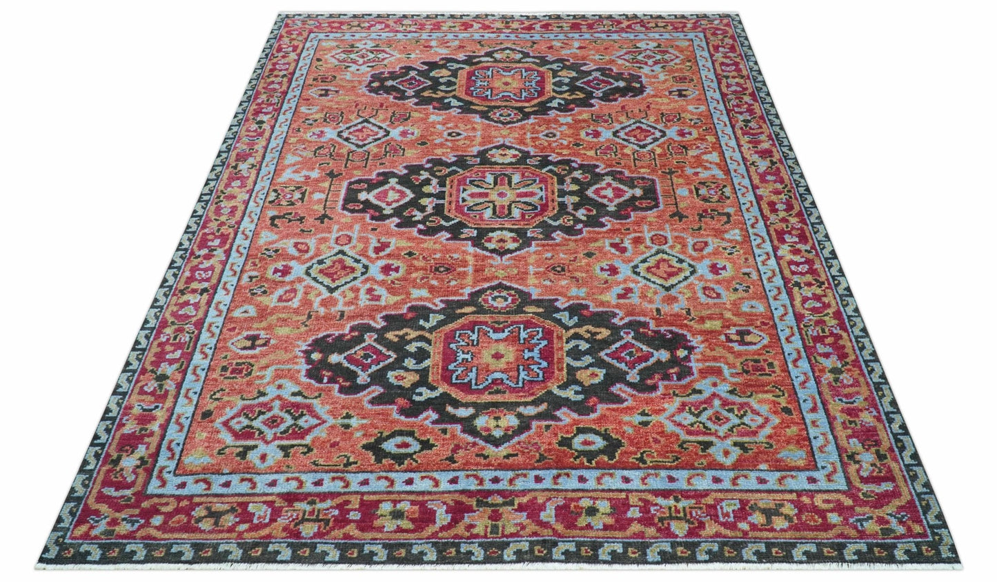 Custom Made Rust And Black Traditional Medallions Design Hand Knotted Wool Rug