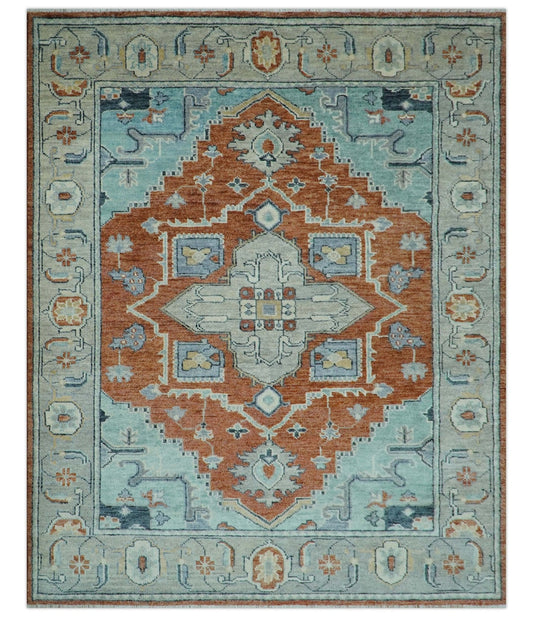 Custom Made Rust And Blue Traditional Serapi Design Hand Knotted Wool Rug