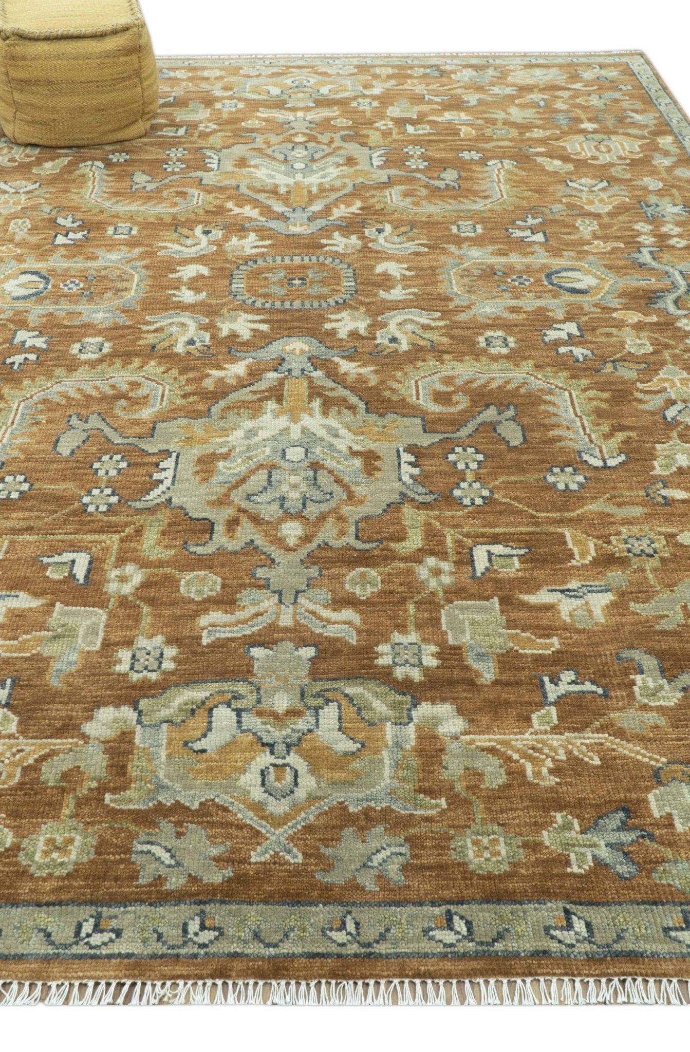 Custom Made Rust, Beige And Blue Traditional Hand Knotted wool rug