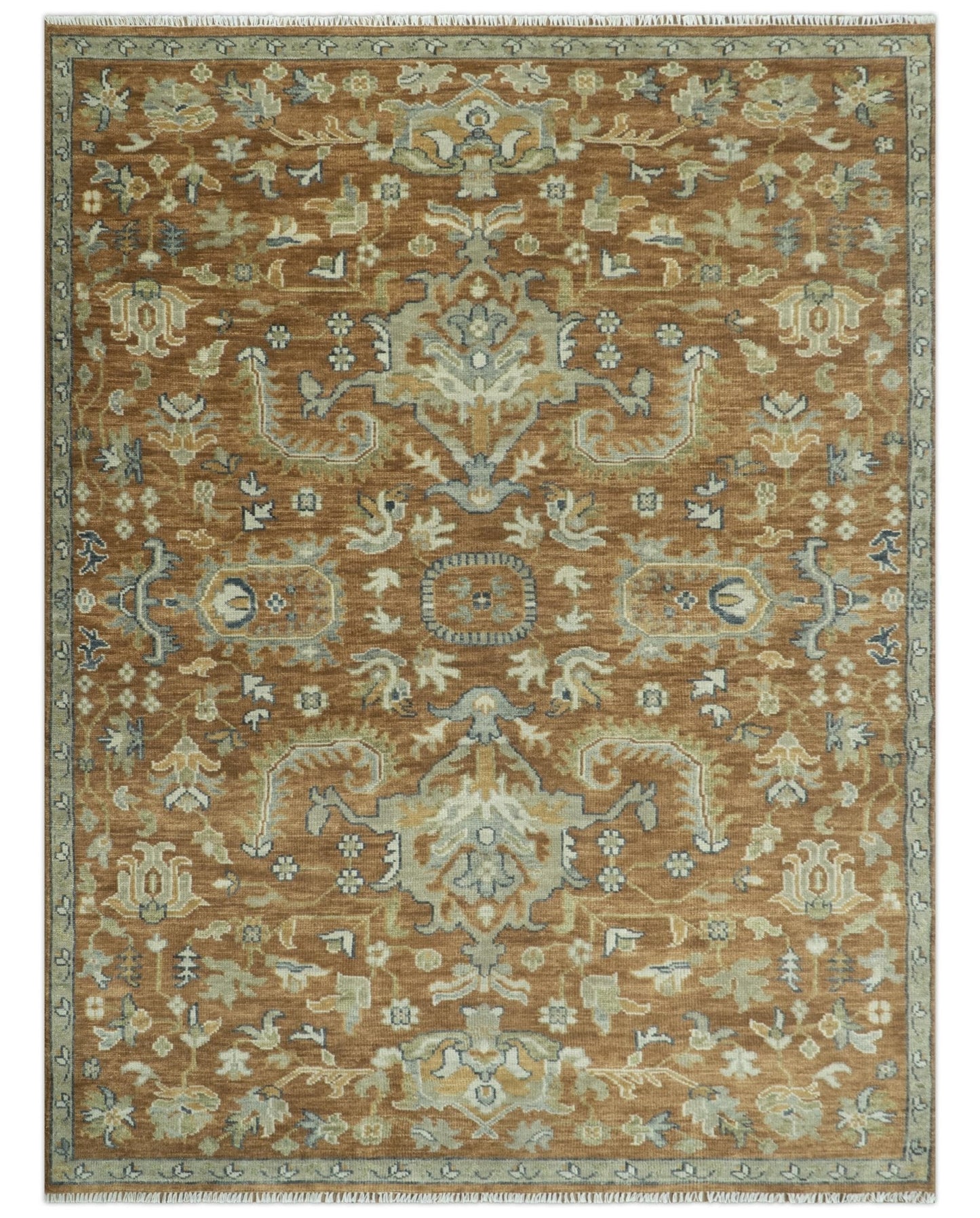 Custom Made Rust, Beige And Blue Traditional Hand Knotted wool rug