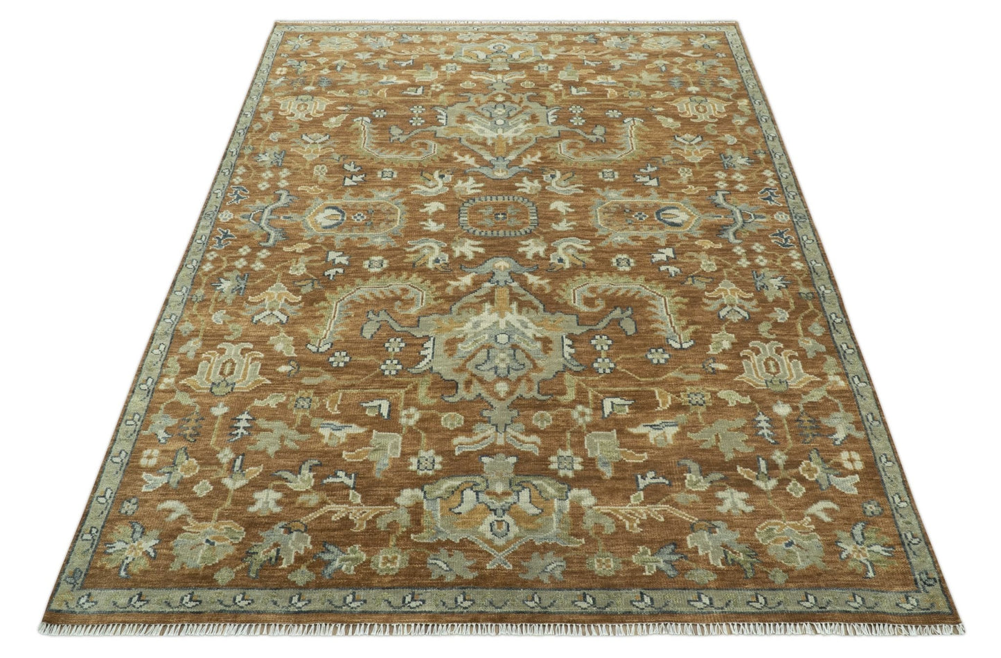Custom Made Rust, Beige And Blue Traditional Hand Knotted wool rug