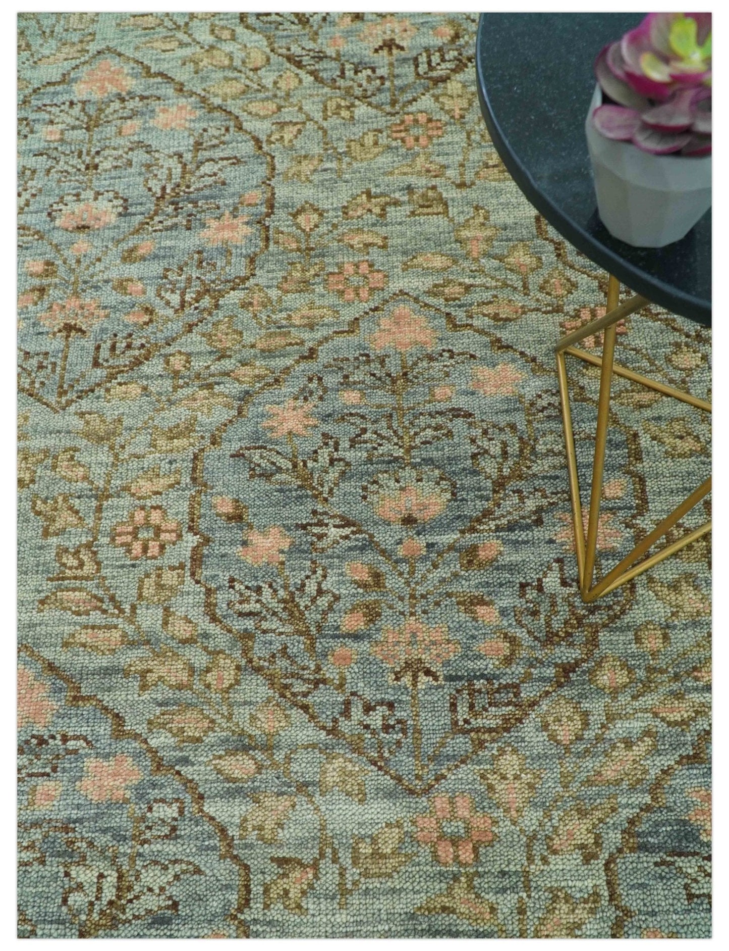 Custom Made Silver, Pink And Brown Floral Motifs Design Hand Knotted wool area rug