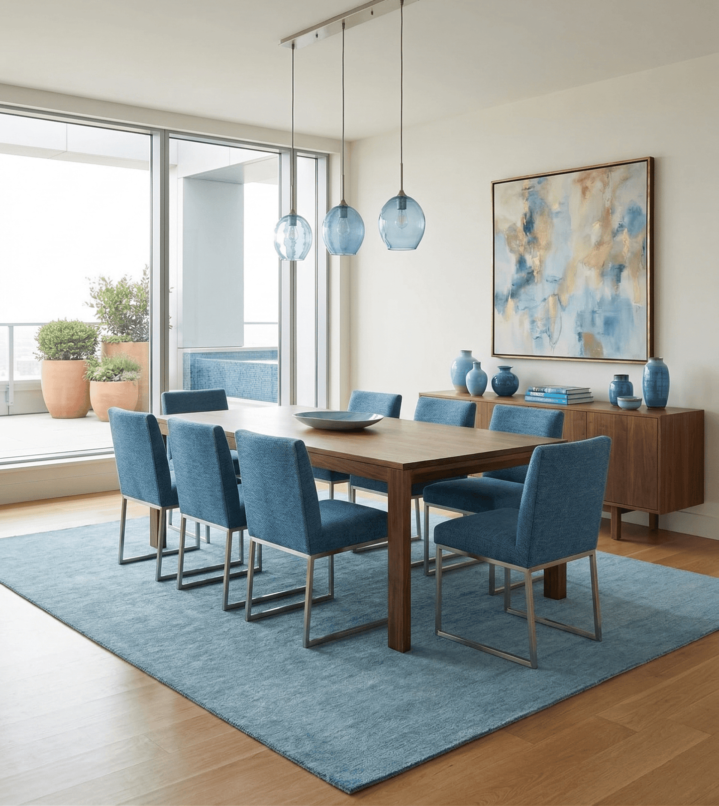Custom Made Solid Plane Light Blue Woolen Hand Tufted wool area Rug