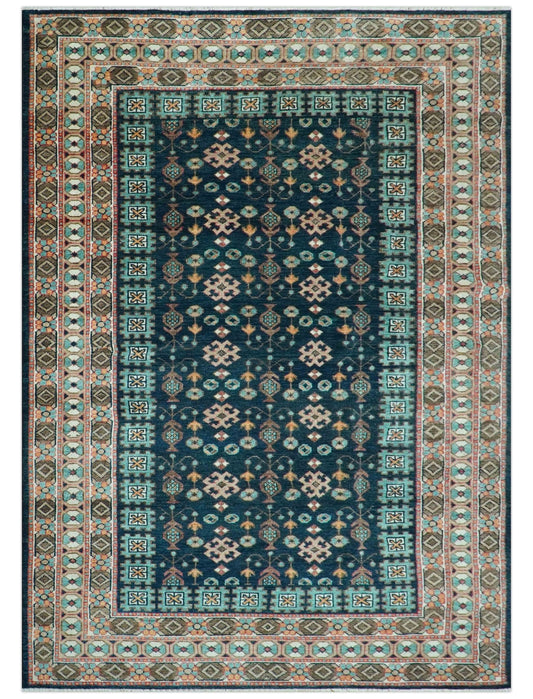 Custom Made Teal And Brown Traditional Tribal Design Hand Knotted Wool Rug