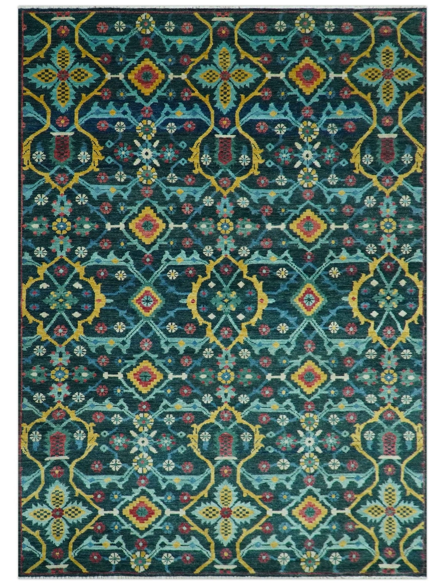 Custom Made Teal And Mustard Traditional Floral Motifs Hand Knotted Wool Rug