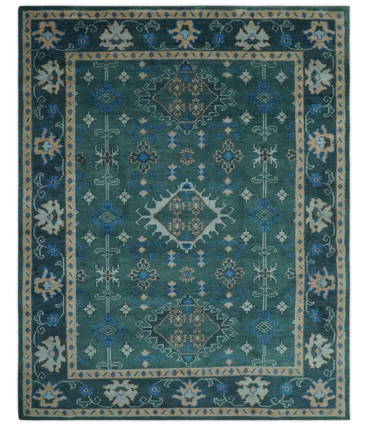 Custom Made Teal, Blue, Peach and Silver Hand Knotted Traditional Heriz wool Area Rug