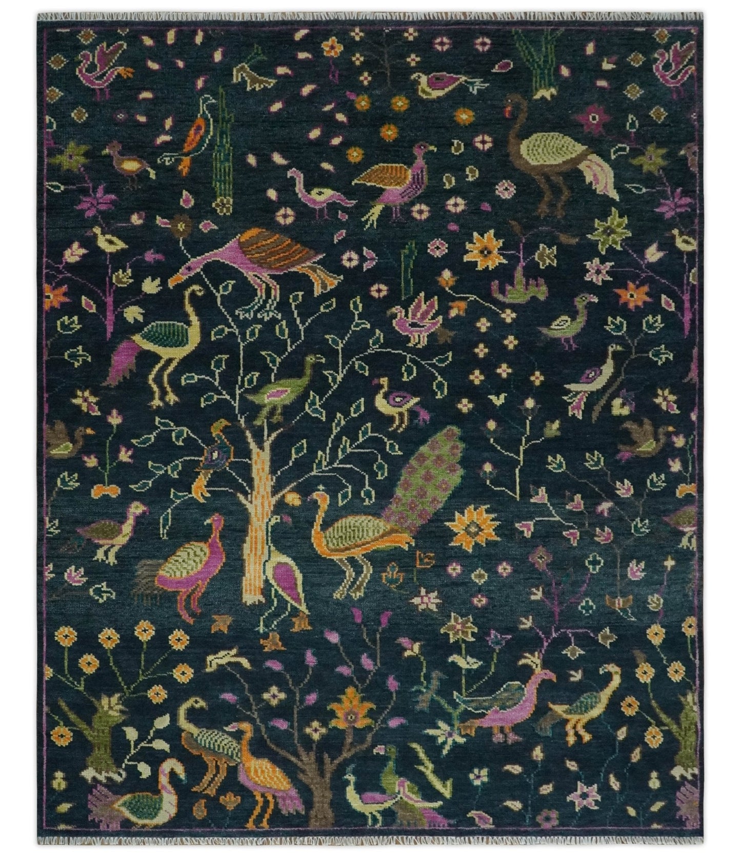 Custom Made The Jungle Life Peacock on tree Rug Hand Knotted Blue and Green Wool Rug