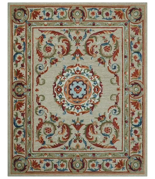Custom Made Traditional Aubusson Design Beige And Brown Hand Tufted Wool Area Rug
