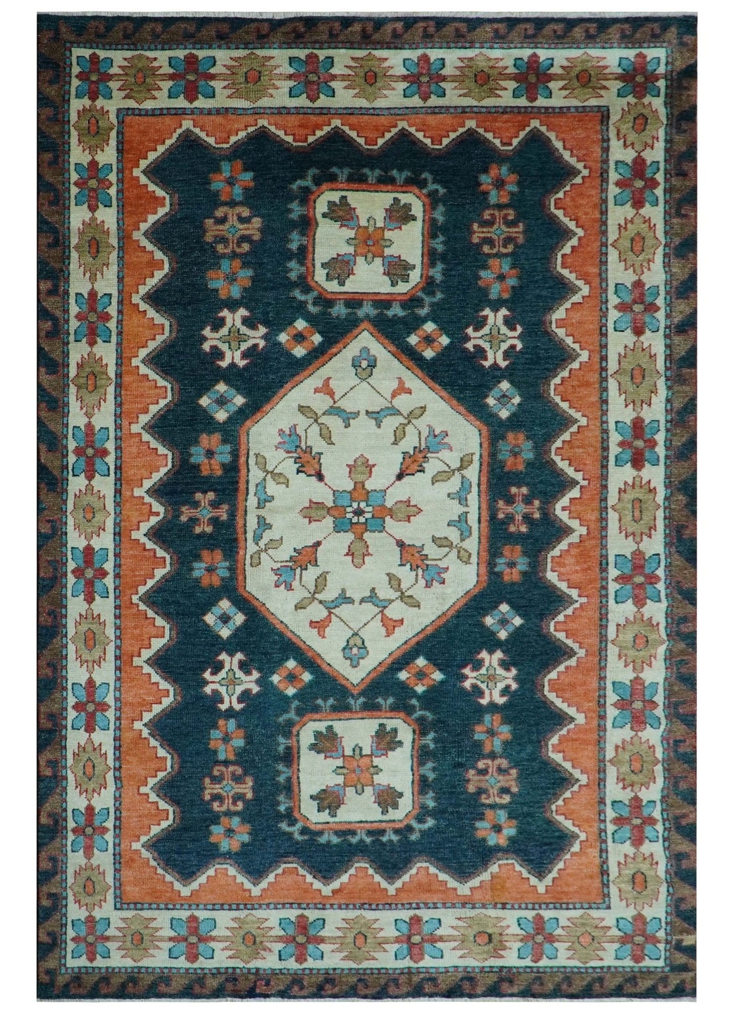 Custom Made Traditional Blue And Ivory Hand Knotted Wool Rug