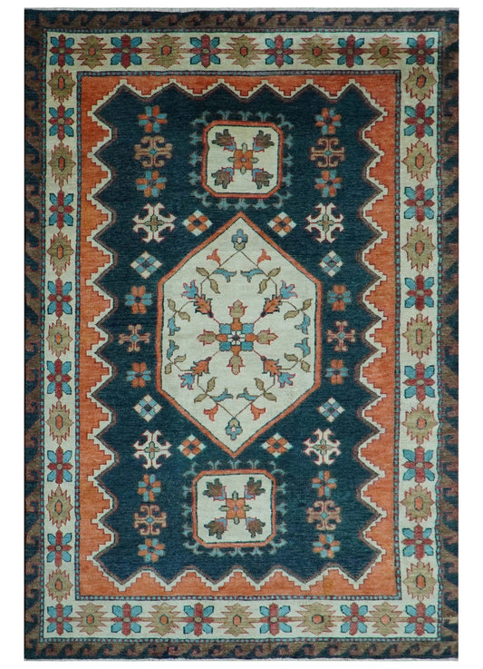 Custom Made Traditional Blue And Ivory Hand Knotted Wool Rug
