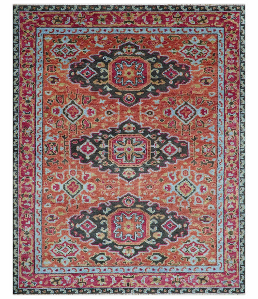Custom Made Traditional Central Medallions Design Rust And Black Hand Knotted Wool Rug