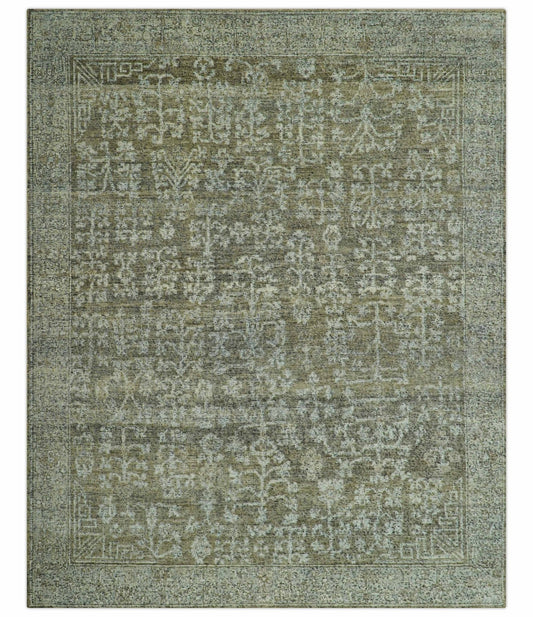 Custom Made Traditional Design Olive Hand Knotted Wool Area Rug