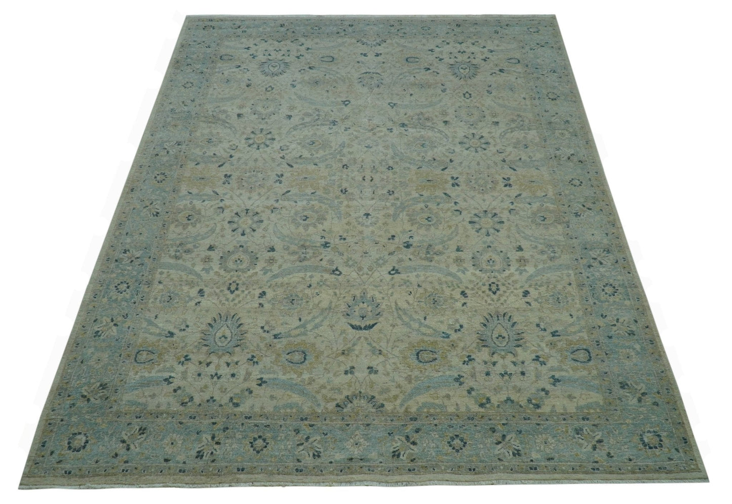 Custom Made Traditional Distressed Blue And Beige Hand Knotted wool area rug