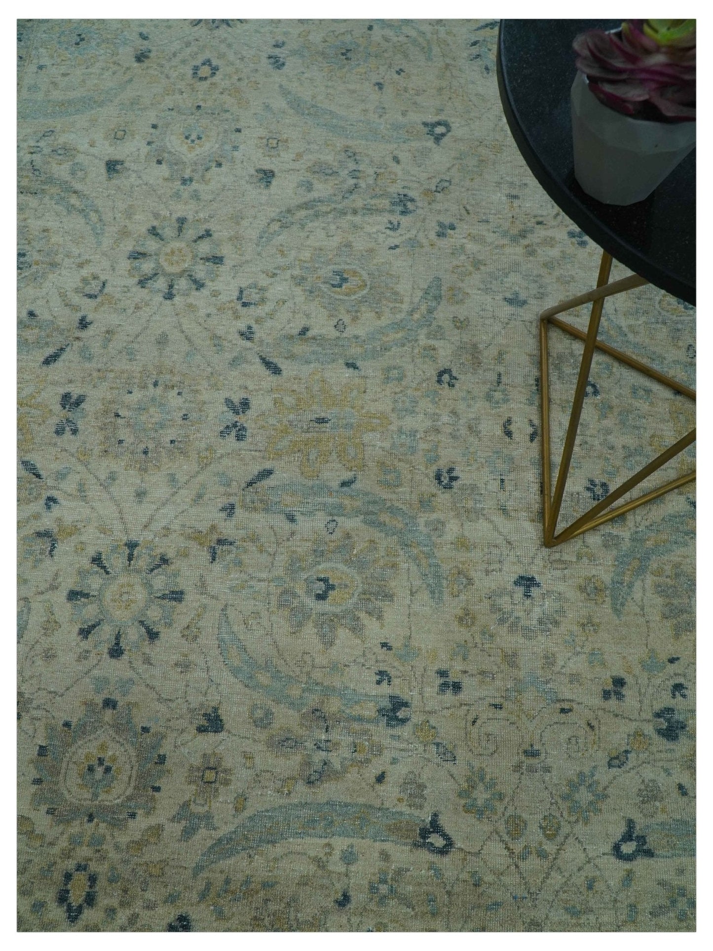 Custom Made Traditional Distressed Blue And Beige Hand Knotted wool area rug