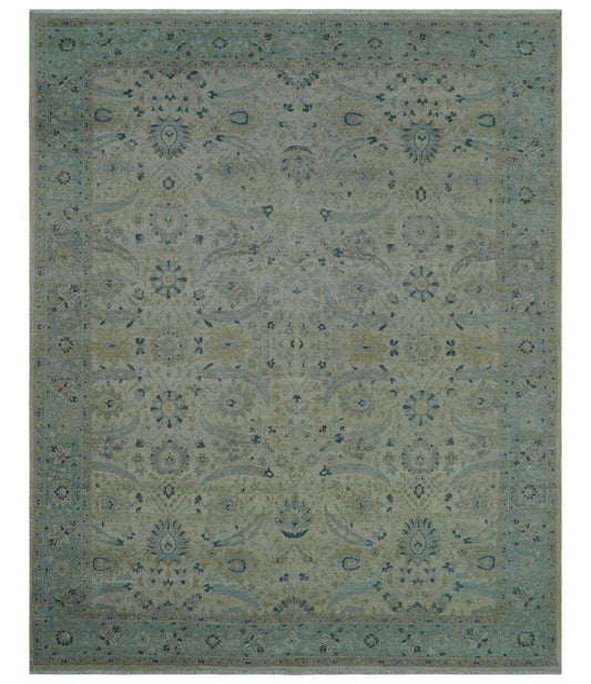 Custom Made Traditional Distressed Blue And Beige Hand Knotted wool area rug