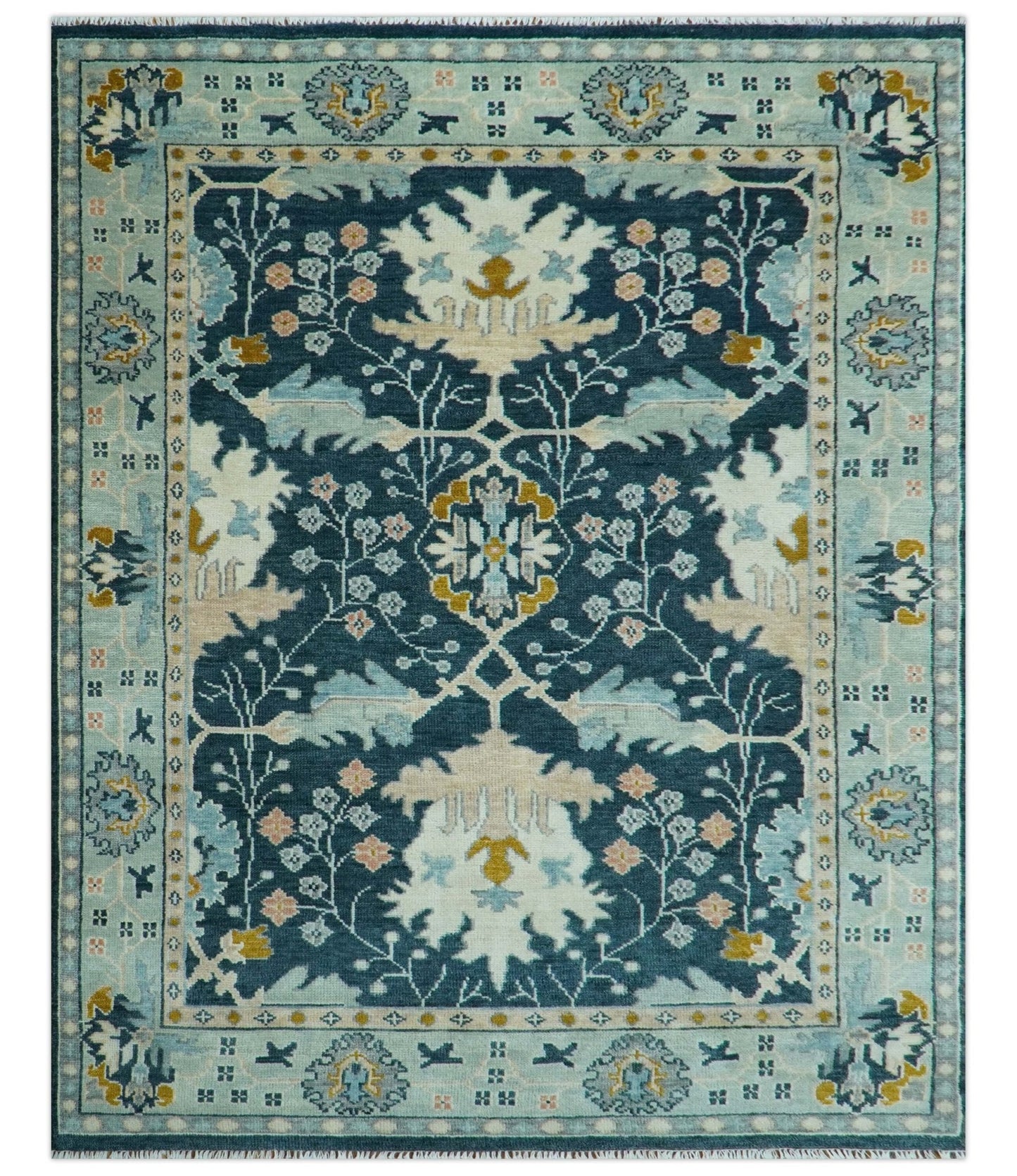 Custom Made Traditional Donegal Design Blue Hand Knotted wool area rug