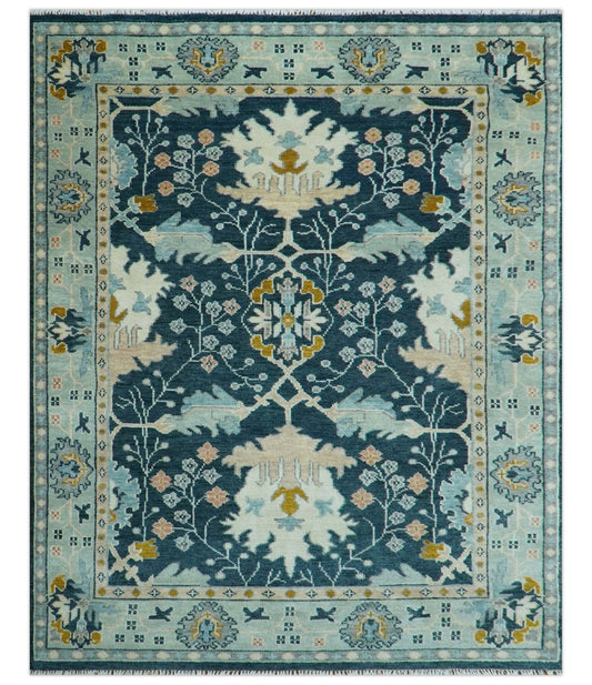 Custom Made Traditional Donegal Design Blue Hand Knotted wool area rug