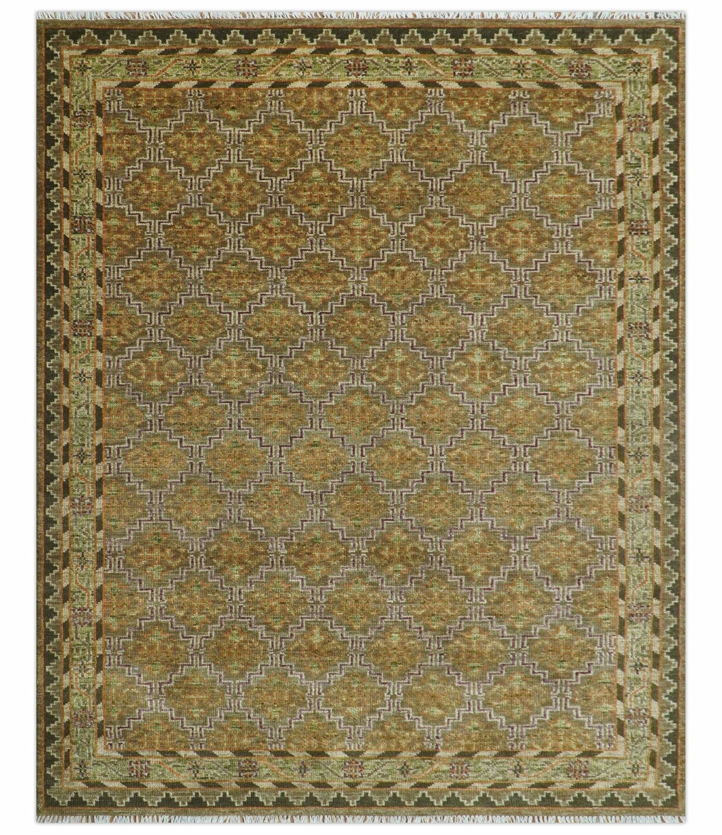 Custom Made Traditional Geometrical Motifs Olive and Rust Hand Knotted wool area rug