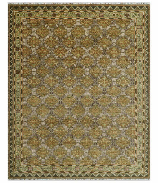 Custom Made Traditional Geometrical Motifs Olive and Rust Hand Knotted wool area rug