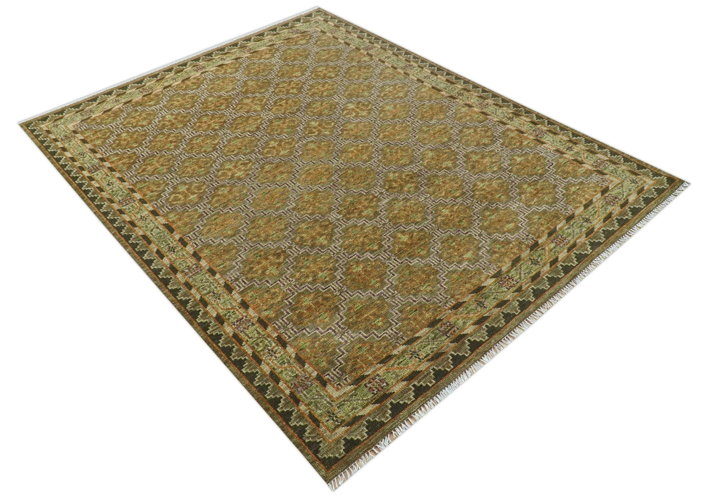 Custom Made Traditional Geometrical Motifs Olive and Rust Hand Knotted wool area rug