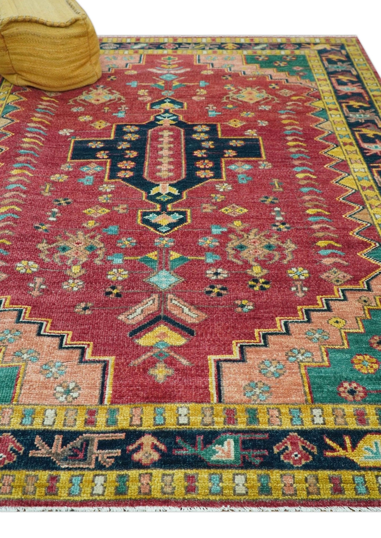 Custom Made Traditional Heriz Design Red And Green Hand Knotted Wool Rug
