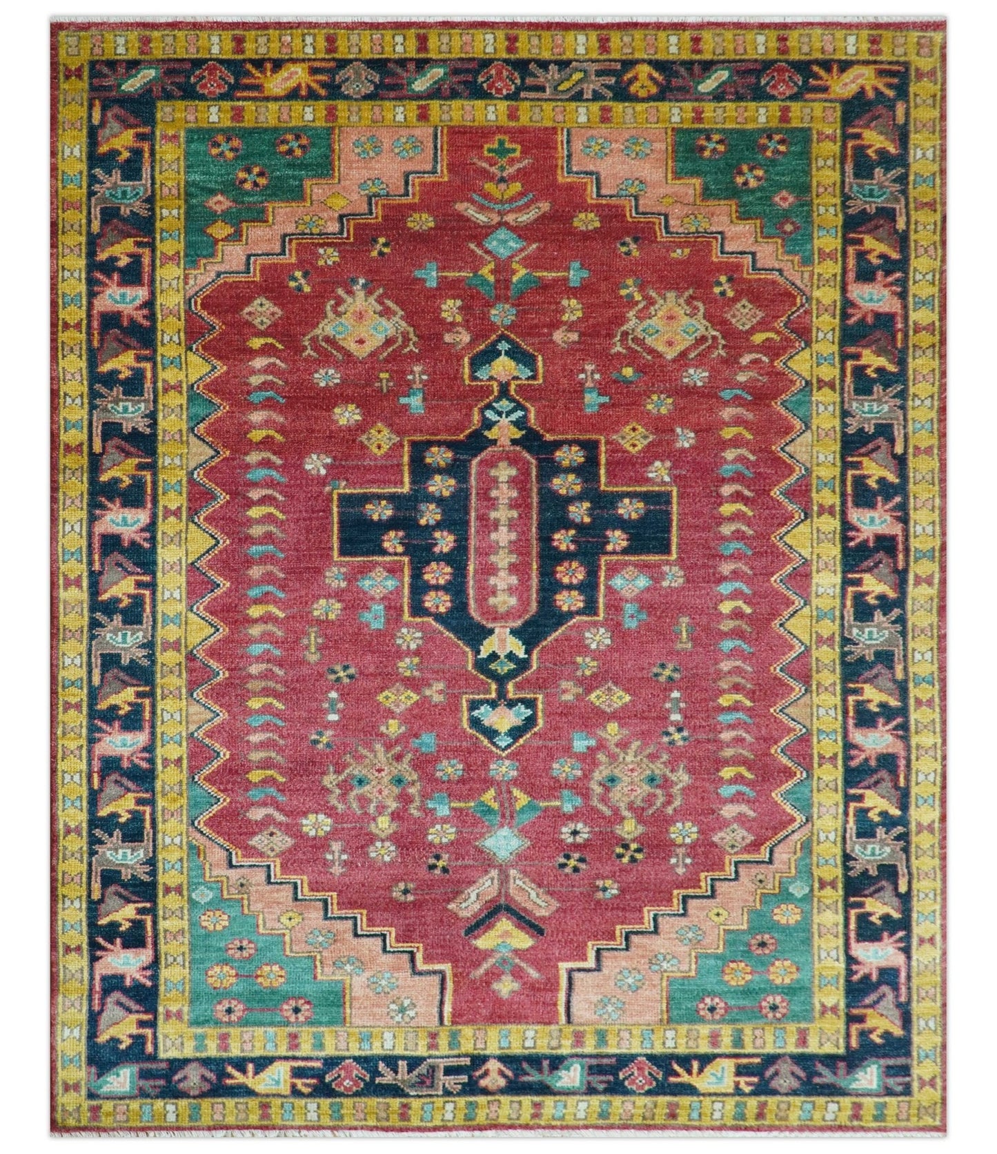 Custom Made Traditional Heriz Design Red And Green Hand Knotted Wool Rug