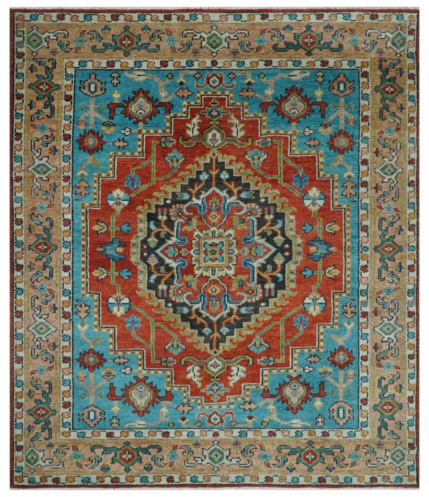 Custom Made Traditional Heriz Design Rust And Blue Hand Knotted Wool Rug