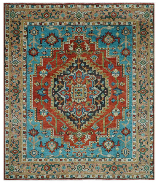 Custom Made Traditional Heriz Design Rust And Blue Hand Knotted Wool Rug