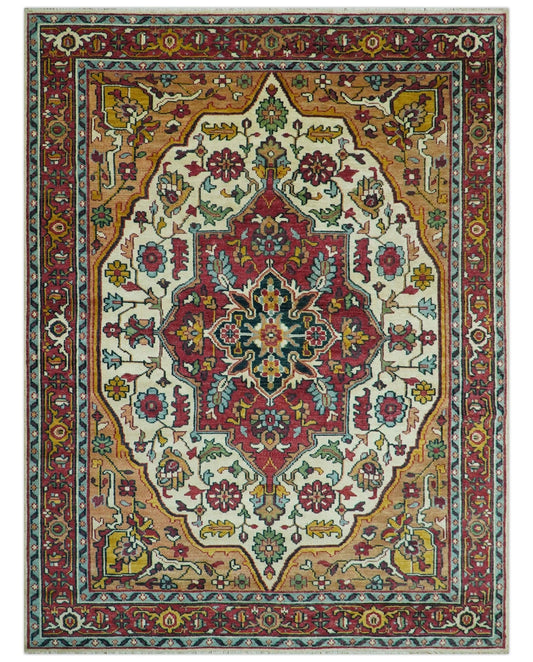 Custom Made Traditional Heriz Design Rust And Ivory Hand Knotted Wool Rug
