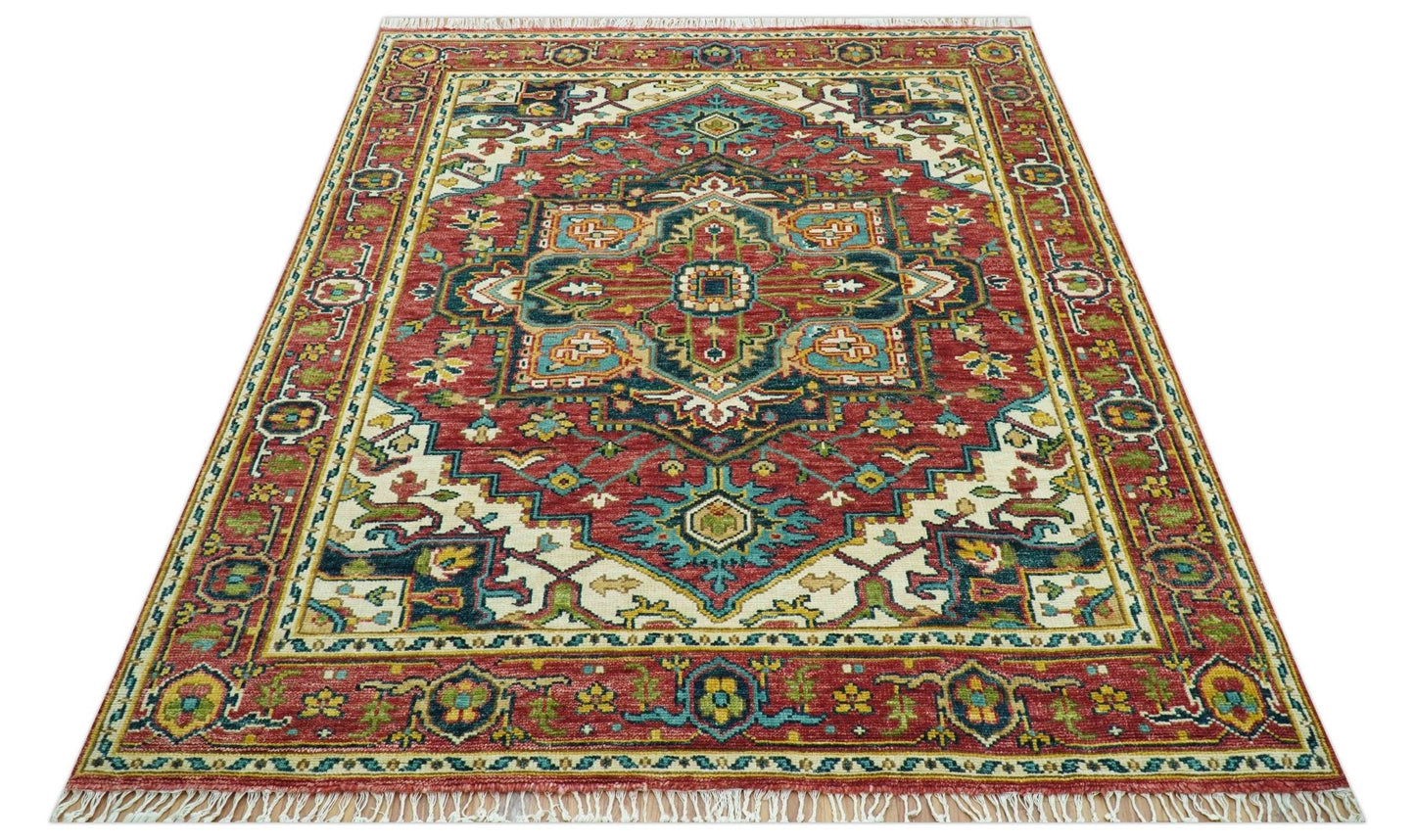 Custom Made Traditional Heriz Red And Ivory Hand Knotted Wool Rug