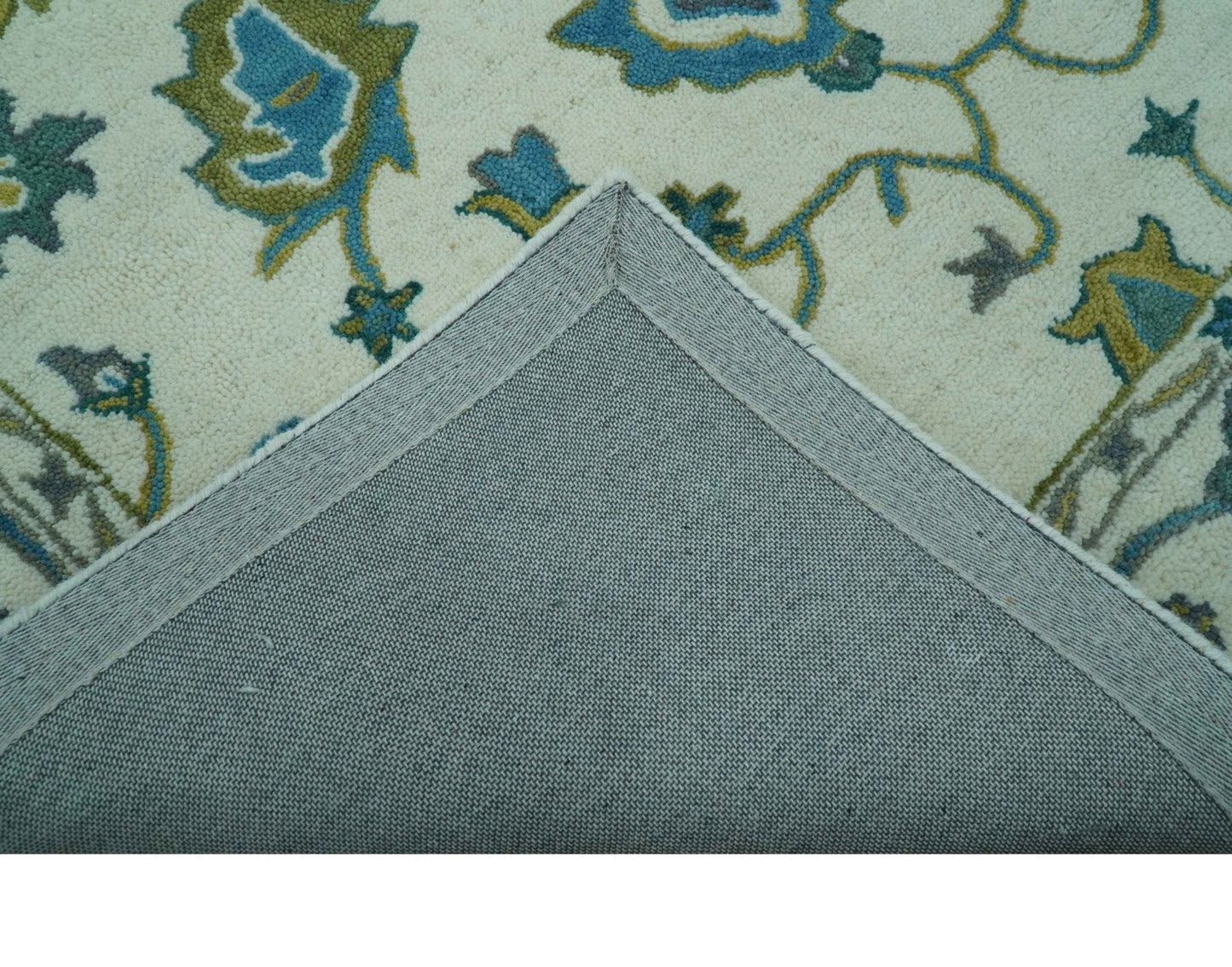 Custom Made Traditional Ivory And Blue Oushak Hand Tufted Wool Area Rug