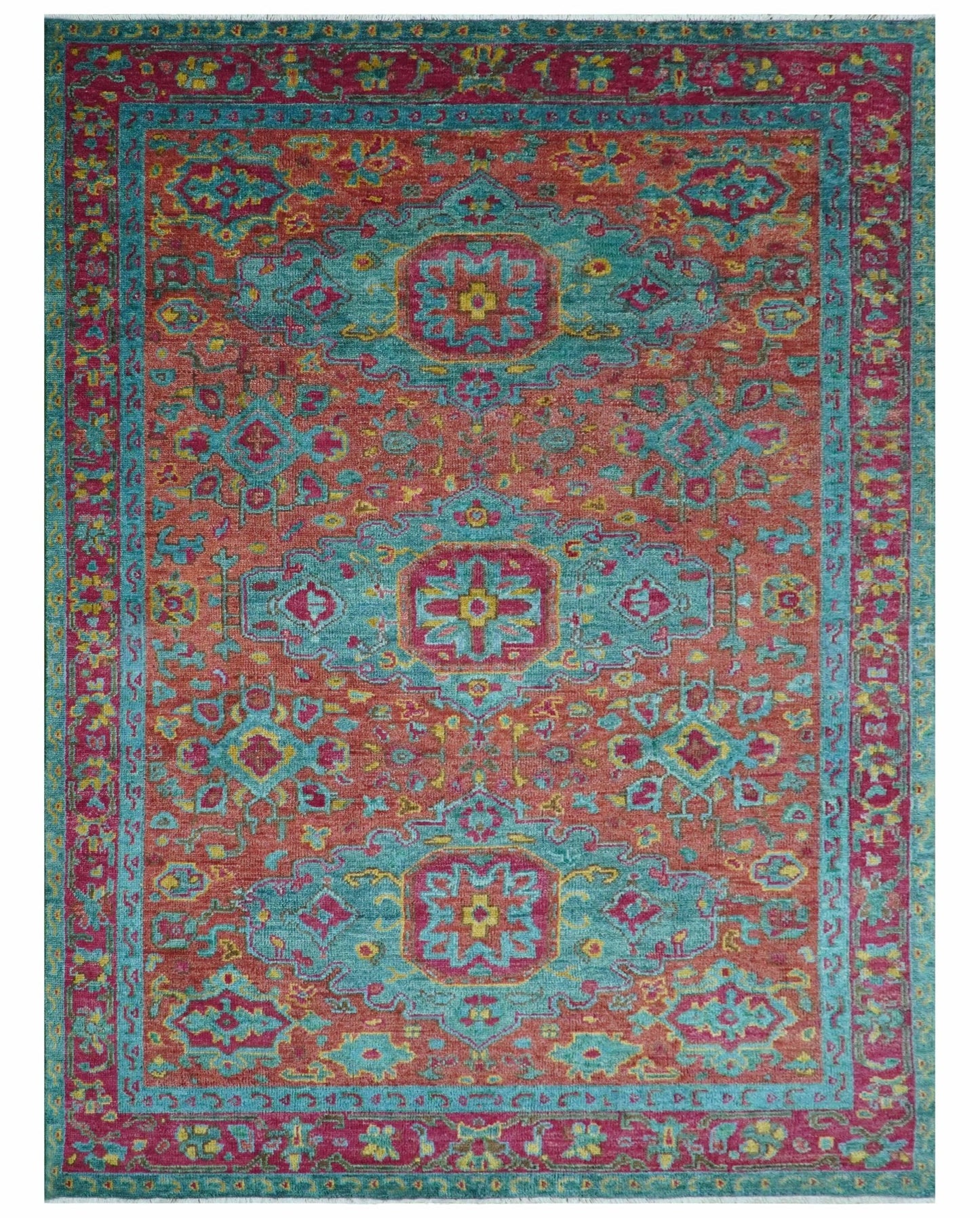 Custom Made Traditional Medallions Design Rust And Blue Hand Knotted Wool Rug