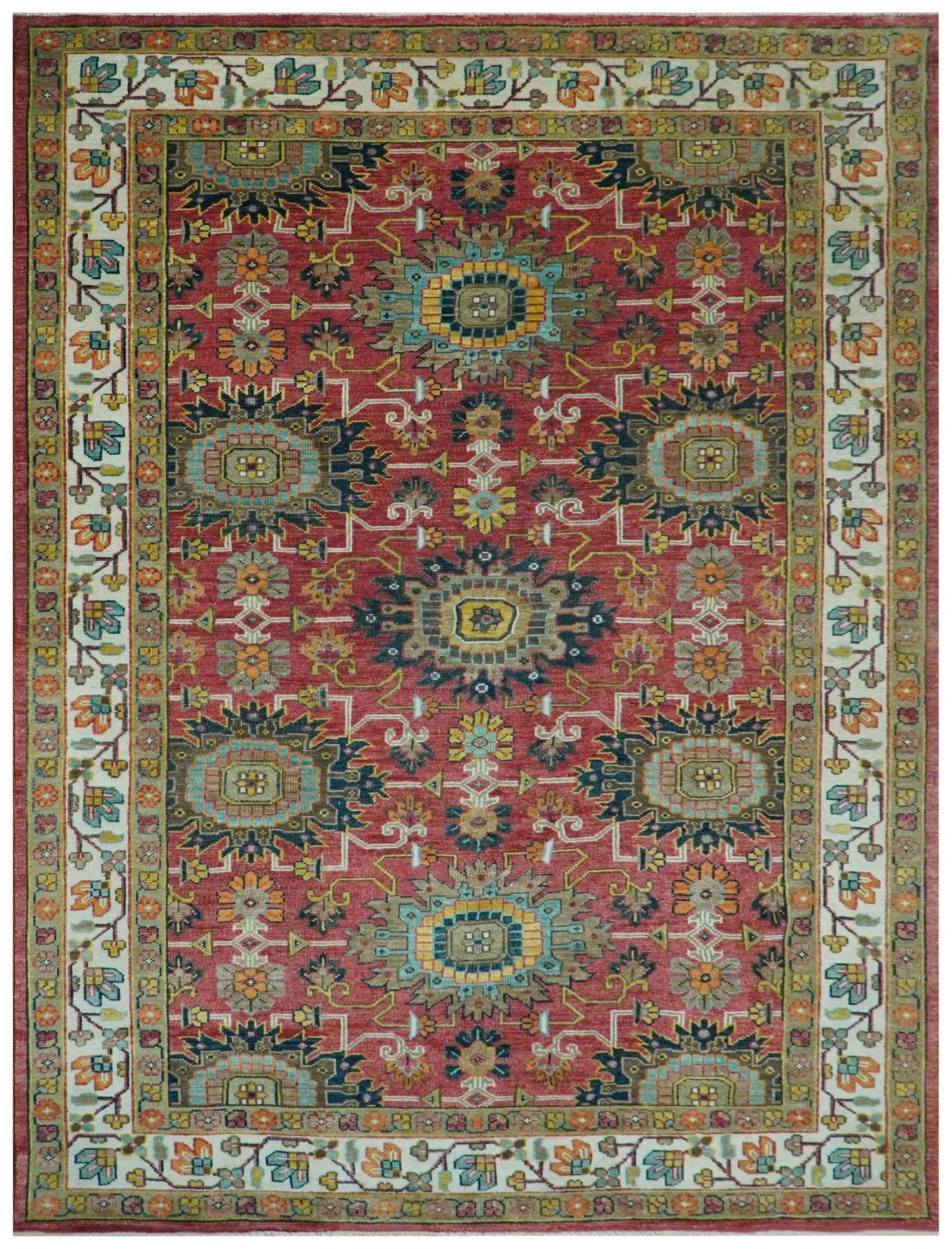 Custom Made Traditional Motifs Design Rust And Ivory Hand Knotted Wool Rug