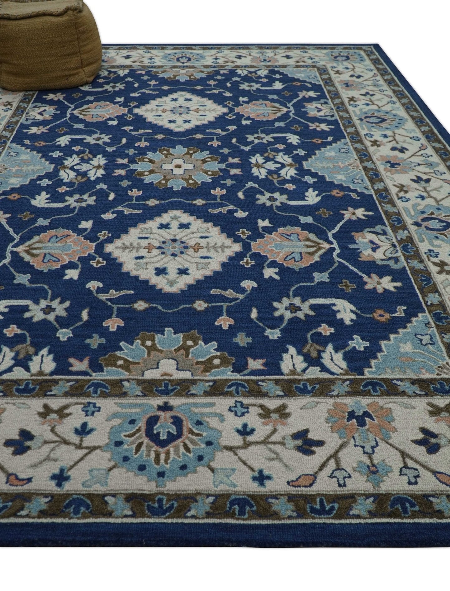 Custom Made Traditional Oriental Design Blue And Beige Hand-Tufted Wool Area Rug
