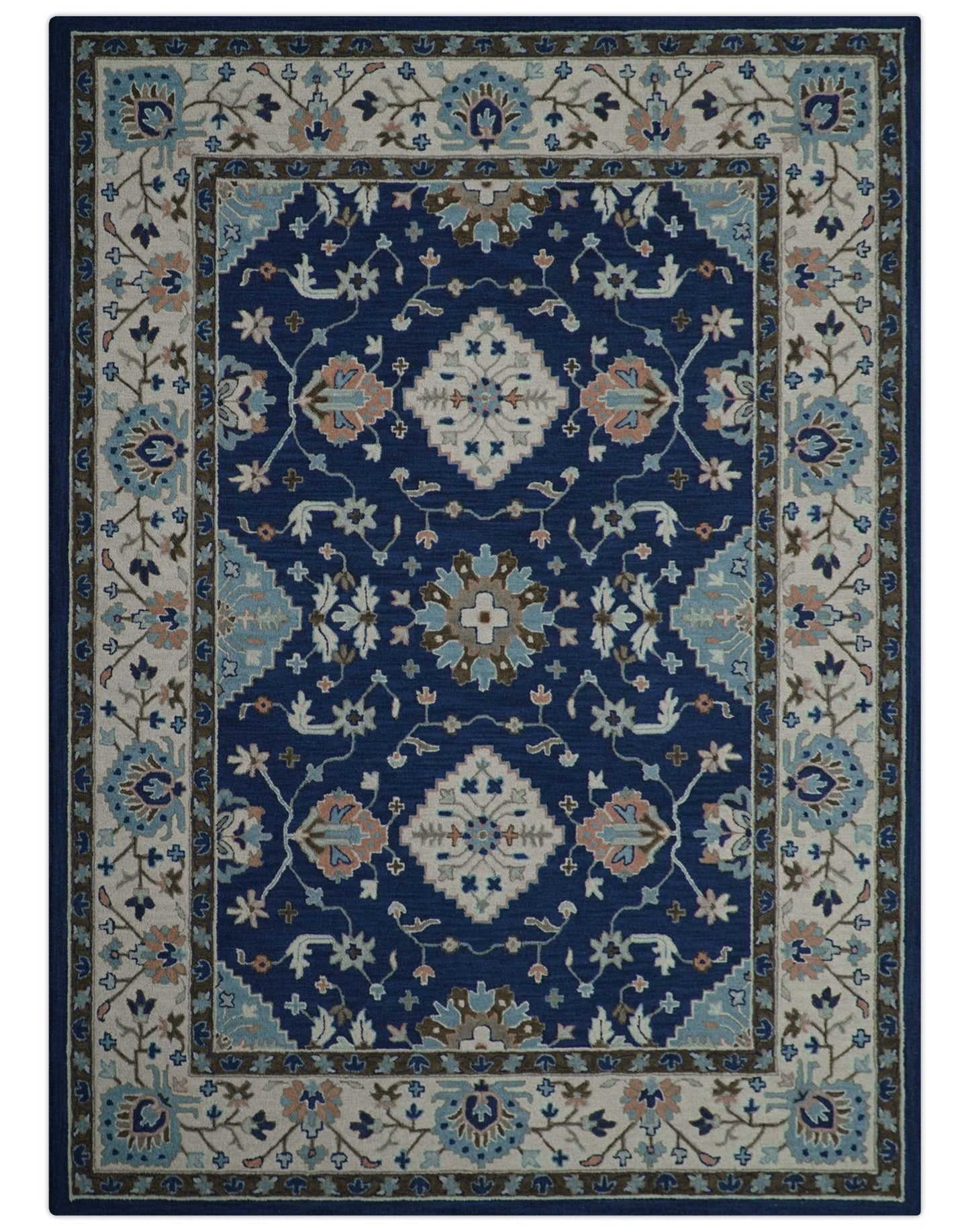 Custom Made Traditional Oriental Design Blue And Beige Hand-Tufted Wool Area Rug