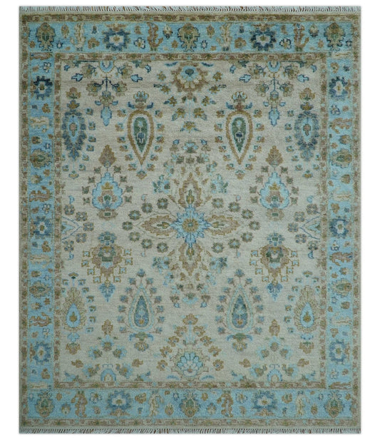 Custom Made Traditional Oriental Design Ivory And Blue Hand knotted Wool Area Rug