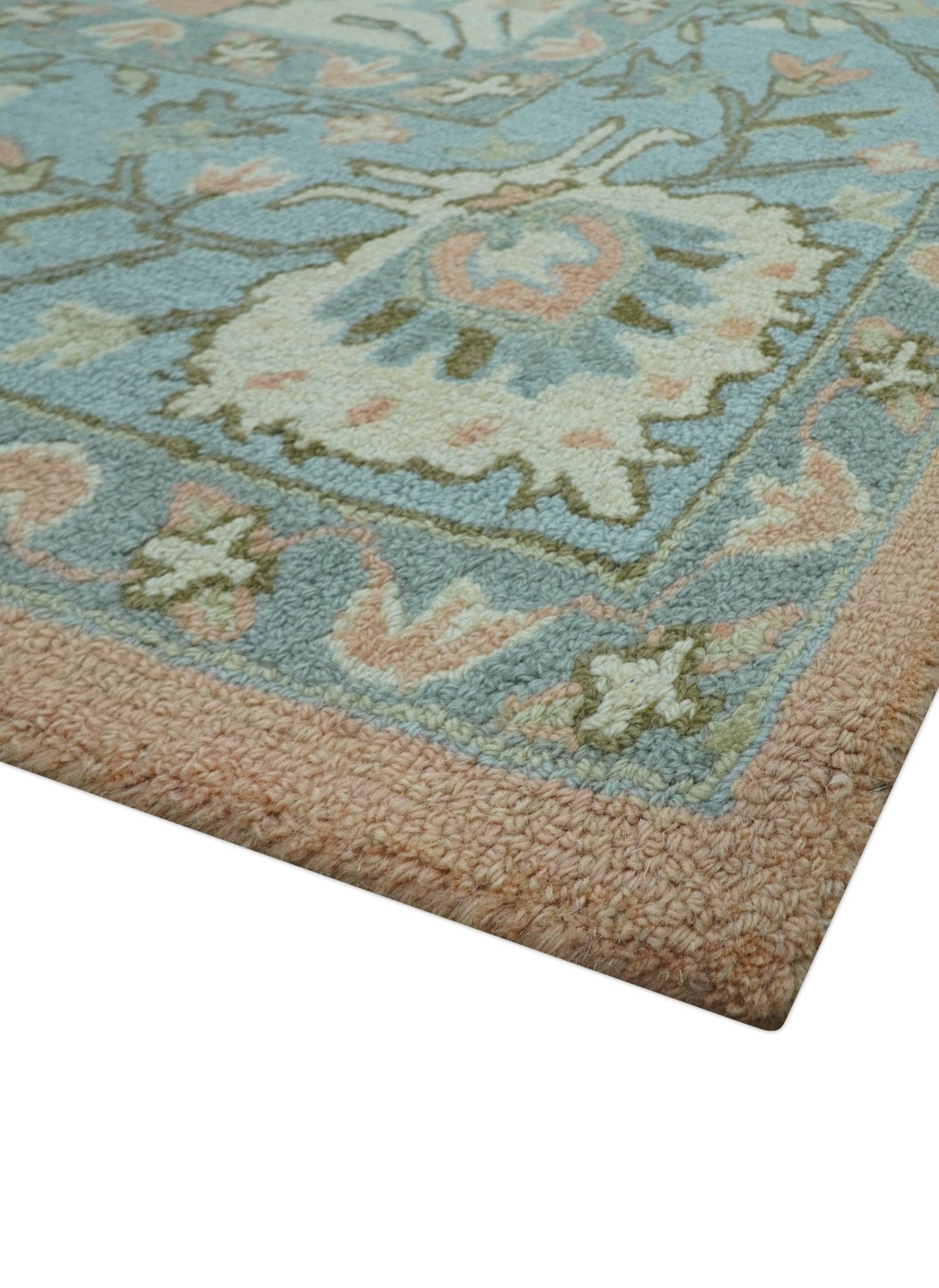 Custom Made Traditional Oriental Design Pink And Blue Hand Tufted Wool Area Rug