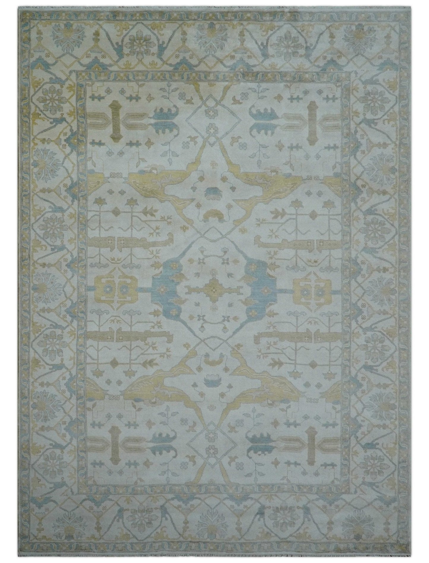 Custom Made Traditional Oushak Beige And Blue Hand Knotted Wool Rug