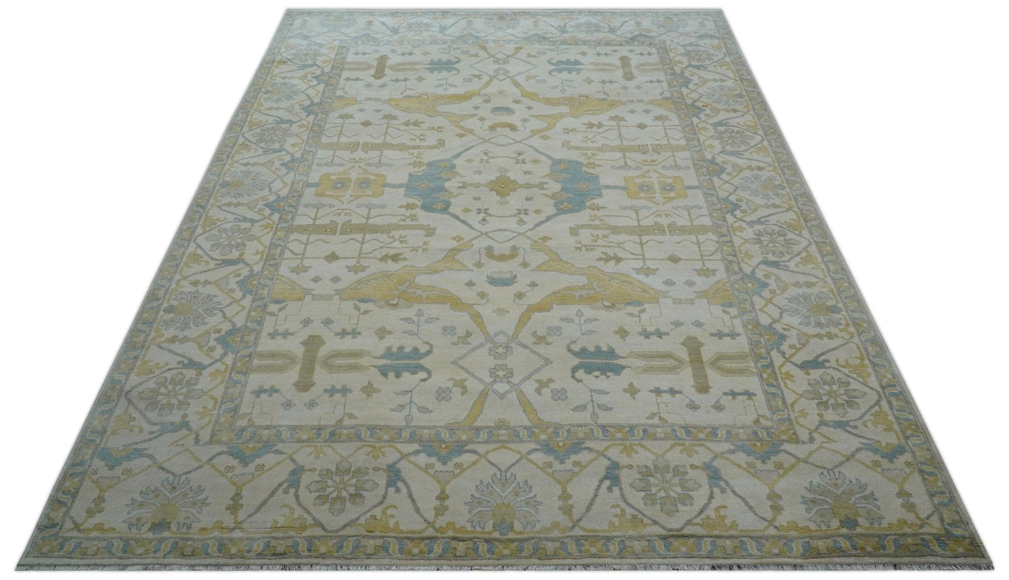 Custom Made Traditional Oushak Beige And Blue Hand Knotted Wool Rug