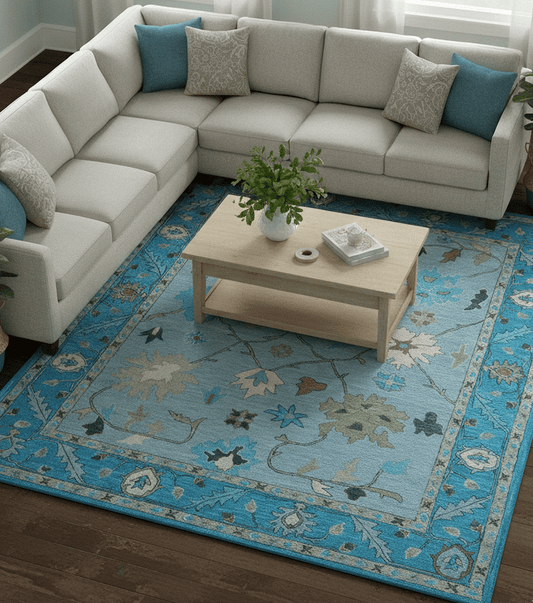 Custom Made Traditional Oushak Blue And Beige Hand Tufted Wool Area Rug