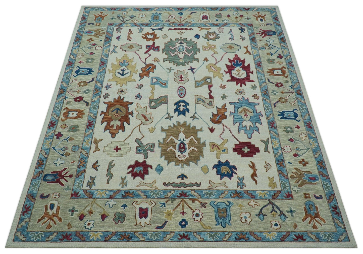 Custom Made Traditional Oushak Blue And Beige Hand Tufted Wool Rug
