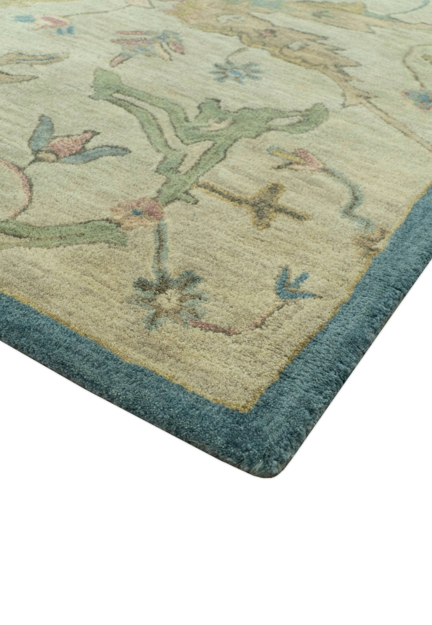 Custom Made Traditional Oushak Design Beige And Blue Hand Tufted Wool Area Rug